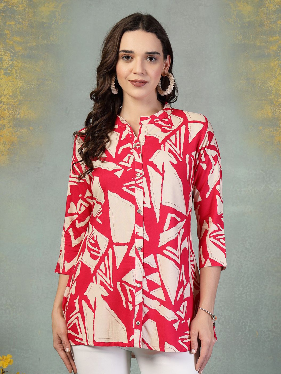 

TANKHI Women Printed Mandarin Collar Shirt Style Top, Pink