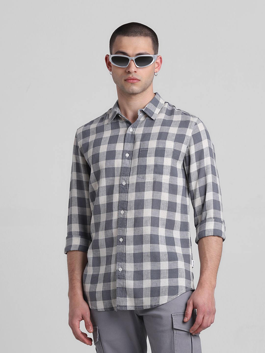 

Jack & Jones Men Spread Collar Gingham Checked Casual Shirt, Grey