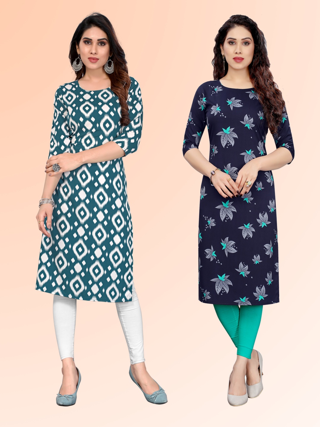 

KETAKI FASHION Selection Of 2 Ethnic Motifs Printed Round Neck Straight Kurtas, Blue