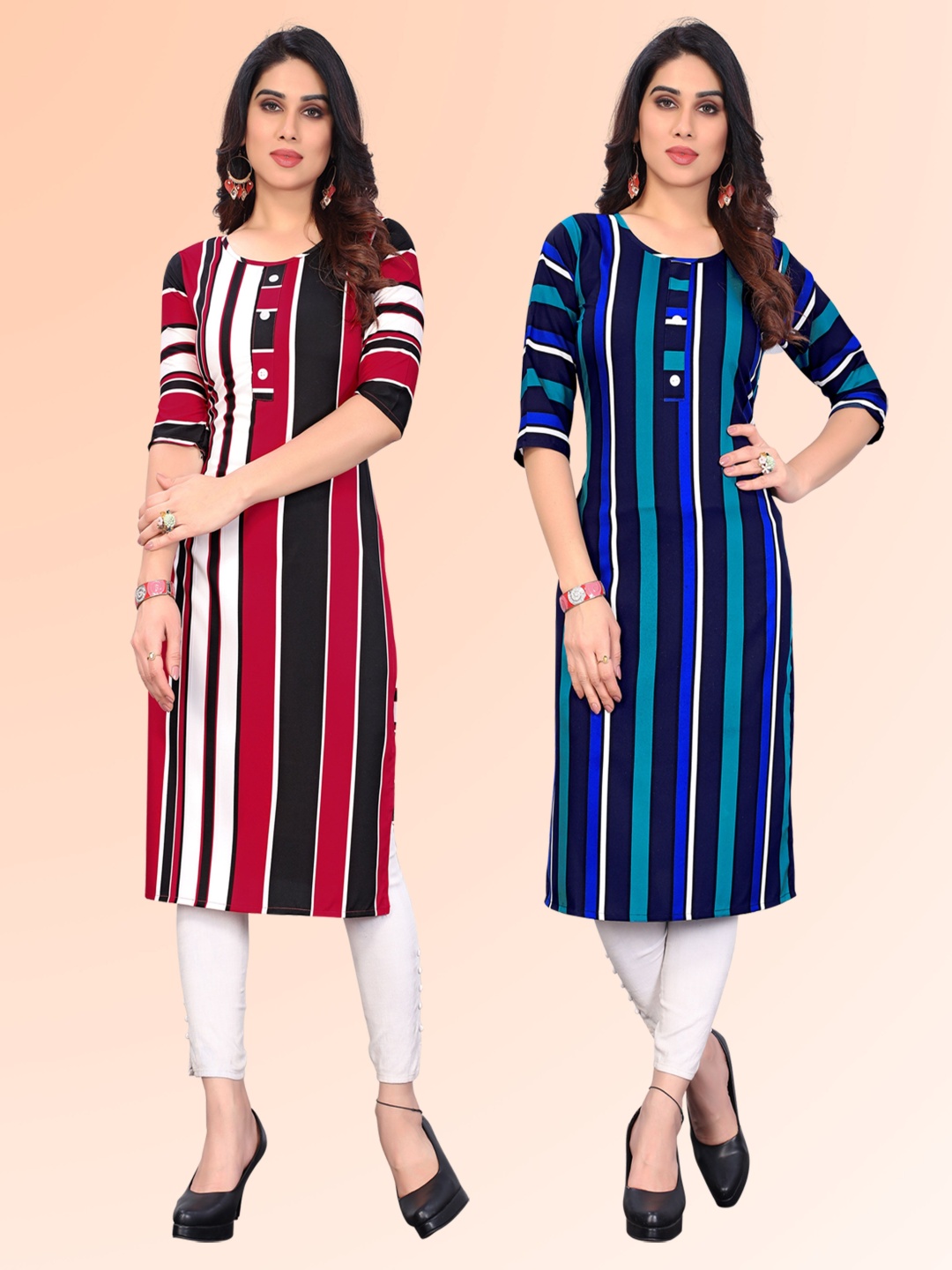 

KETAKI FASHION Selection of 2 Striped Round Neck Straight Kurtas, Red