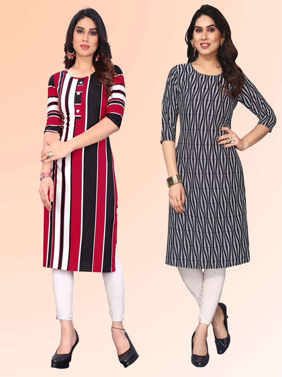

KETAKI FASHION Selection of 2 Striped Round Neck Straight Kurtas, Red