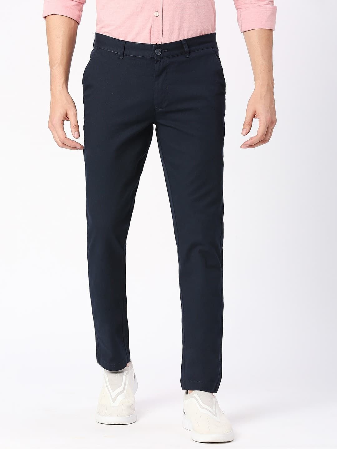 

Basics Men Cotton Skinny Fit Low-Rise Trousers, Navy blue