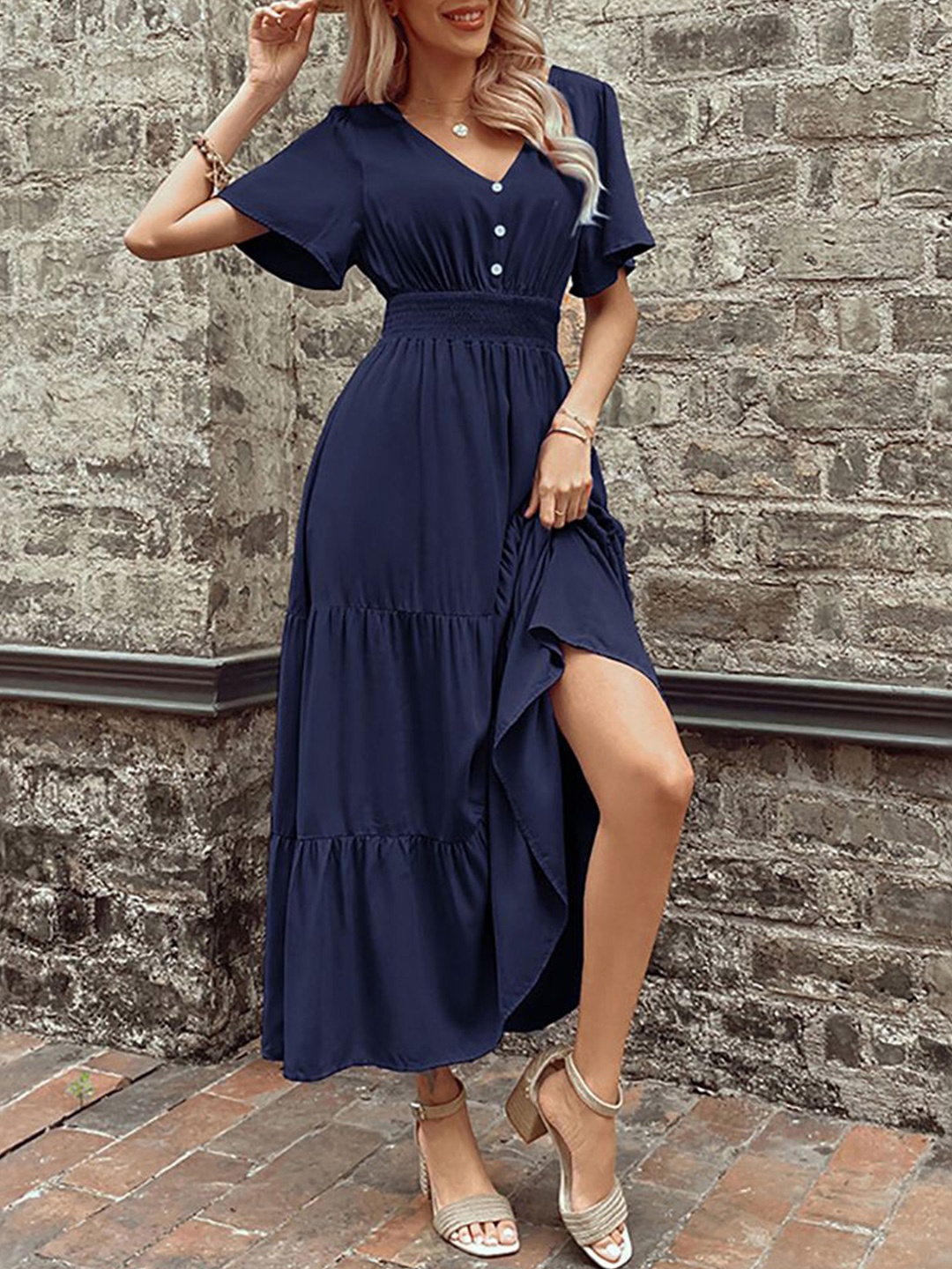

StyleCast x Revolte Women Layered Fit - Flare Midi Dress, Navy blue