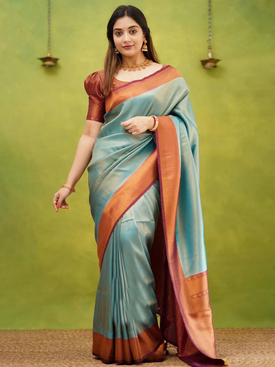 

Taslar Woven Design Zari Pure Silk Banarasi Saree, Sea green