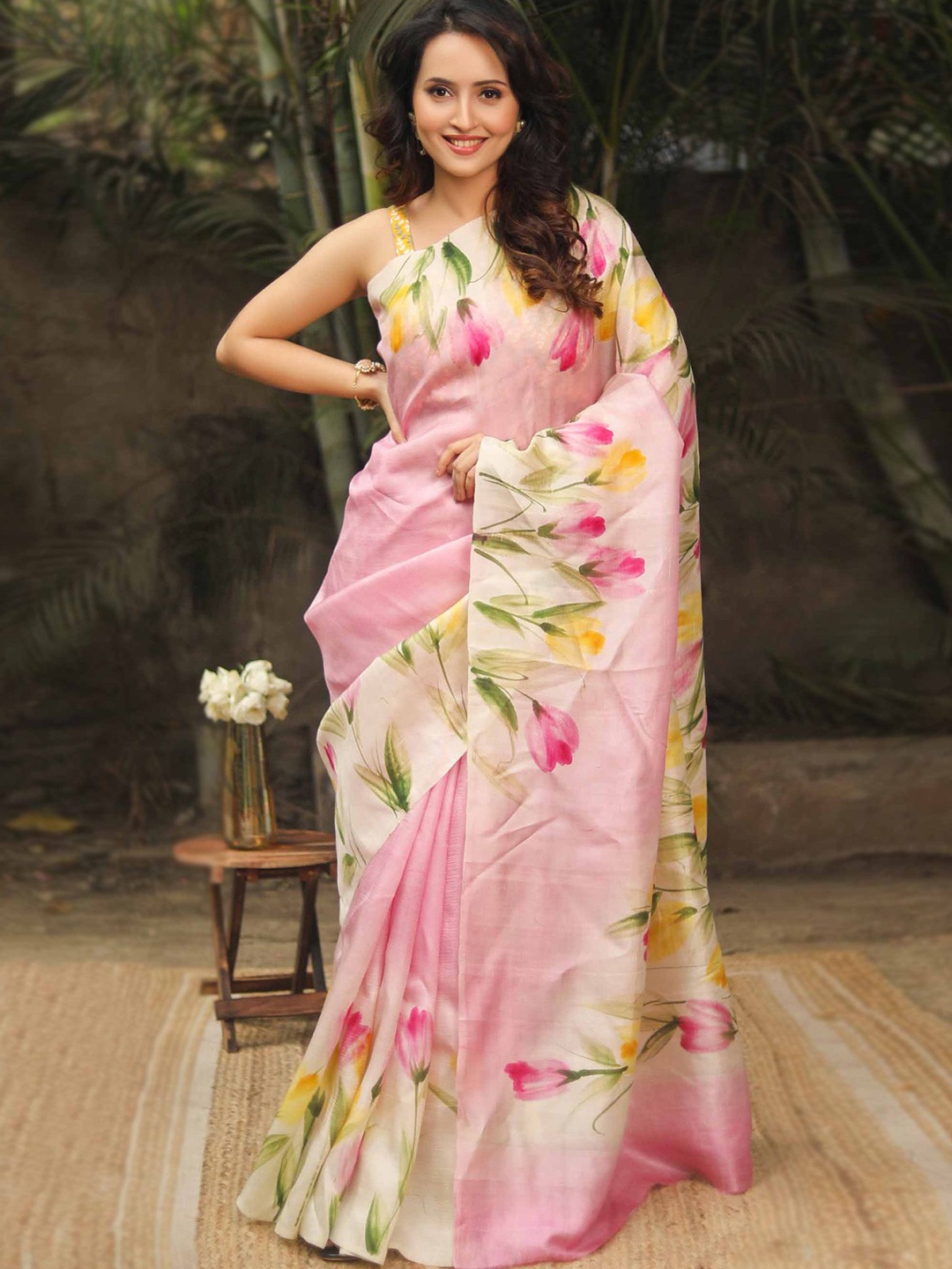 

Prasam Floral Printed Pure Silk Saree, Pink