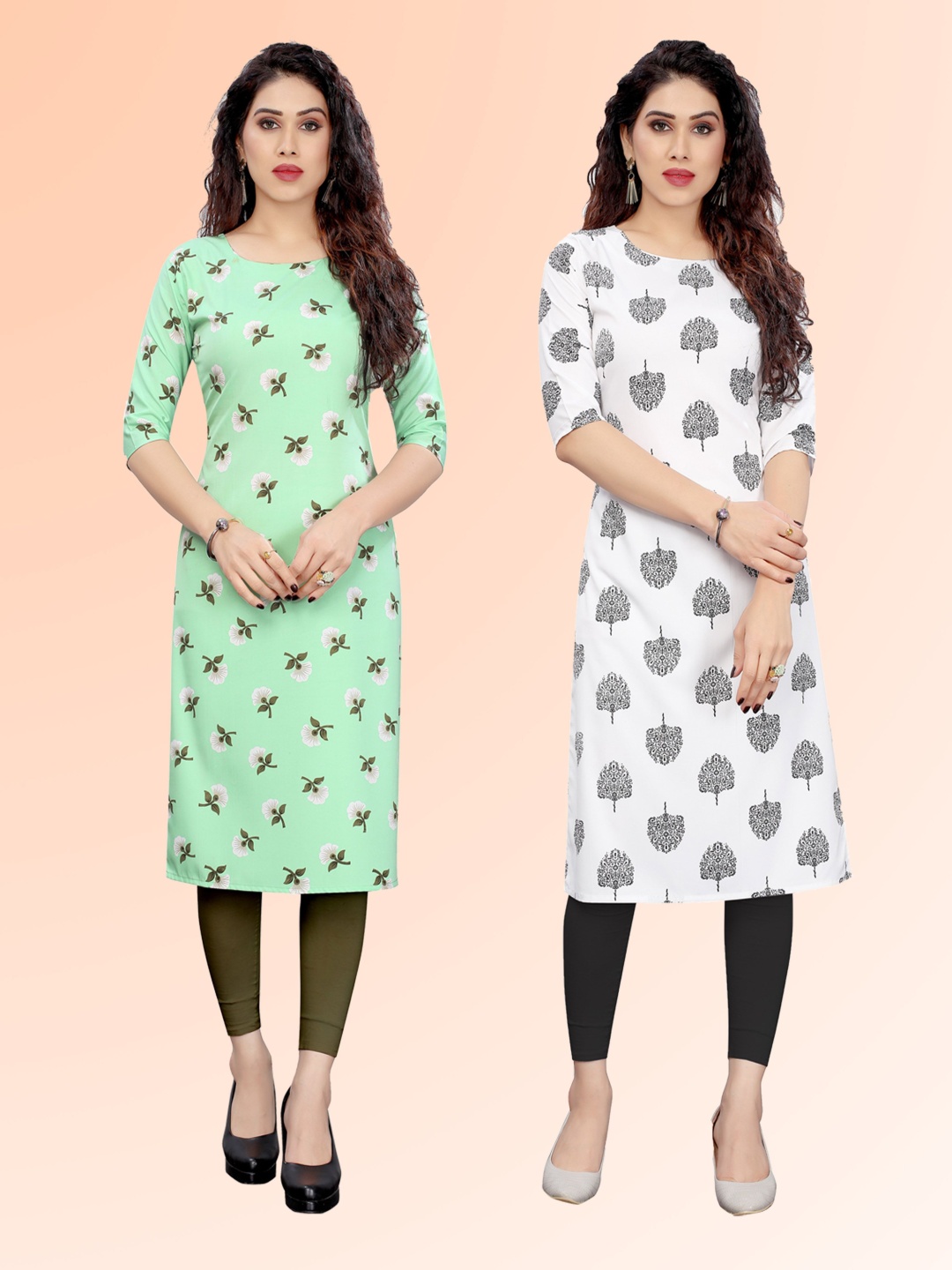 

KETAKI FASHION Selection Of 2 Floral Printed Round Neck Straight Kurtas, Green