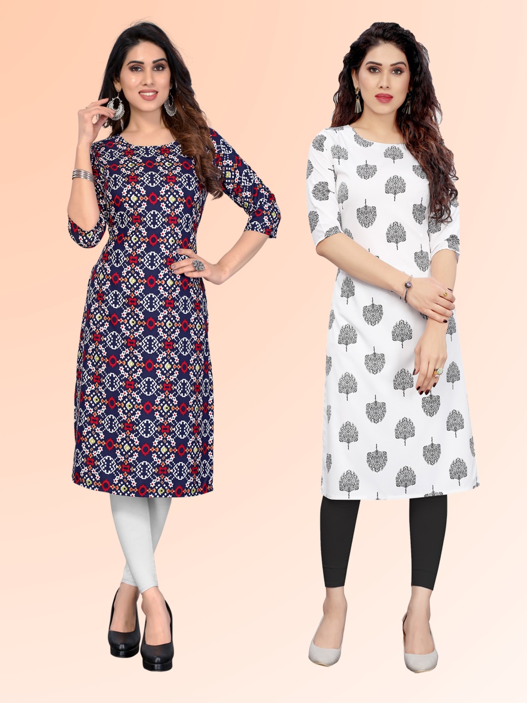 

KETAKI FASHION Selection Of 2 Ethnic Motifs Printed Round Neck Straight Kurtas, Navy blue
