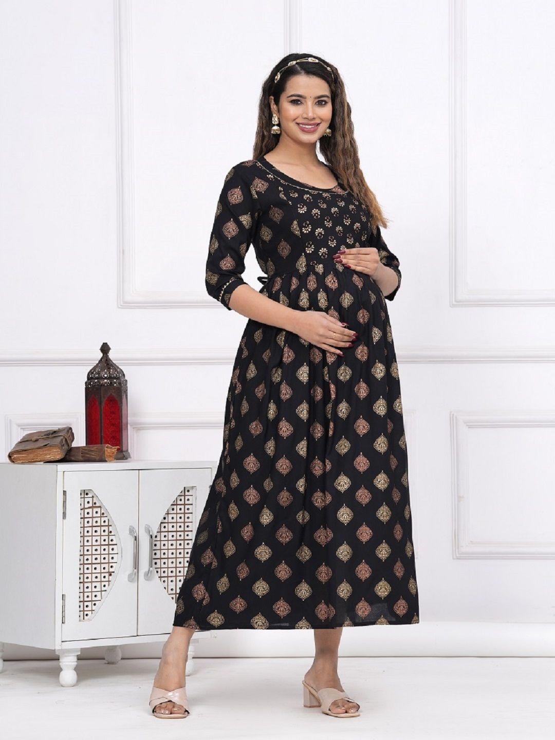 

Nevisha Style Ethnic Motifs Printed Round Neck Gotta Patti Maternity Anarkali Kurta, Black