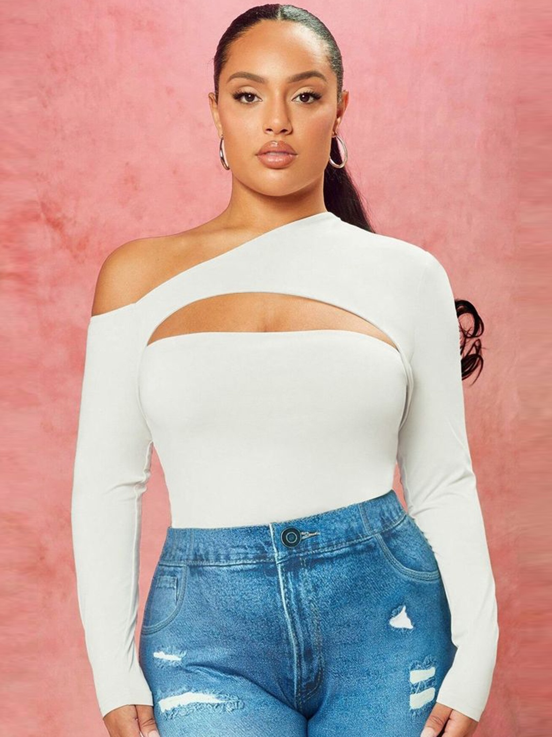 

LULU & SKY Women Plus Size One Shoulder Fitted Top, Off white