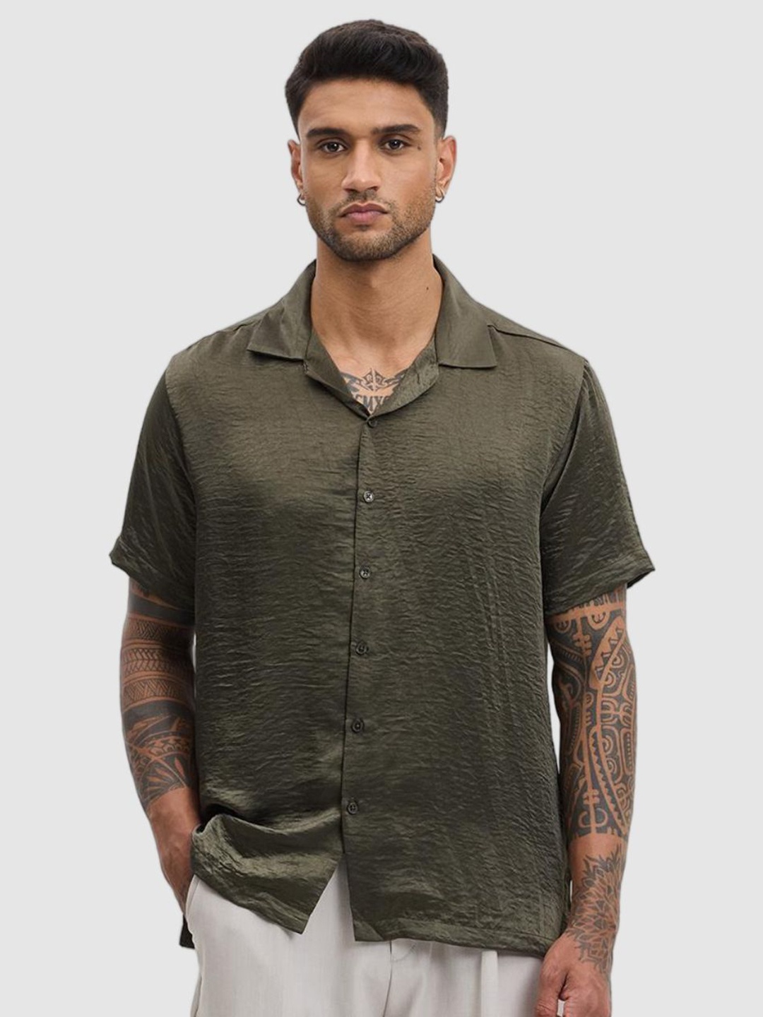 

Snitch Men Relaxed Fit Cuban Collar Textured Casual Shirt, Olive