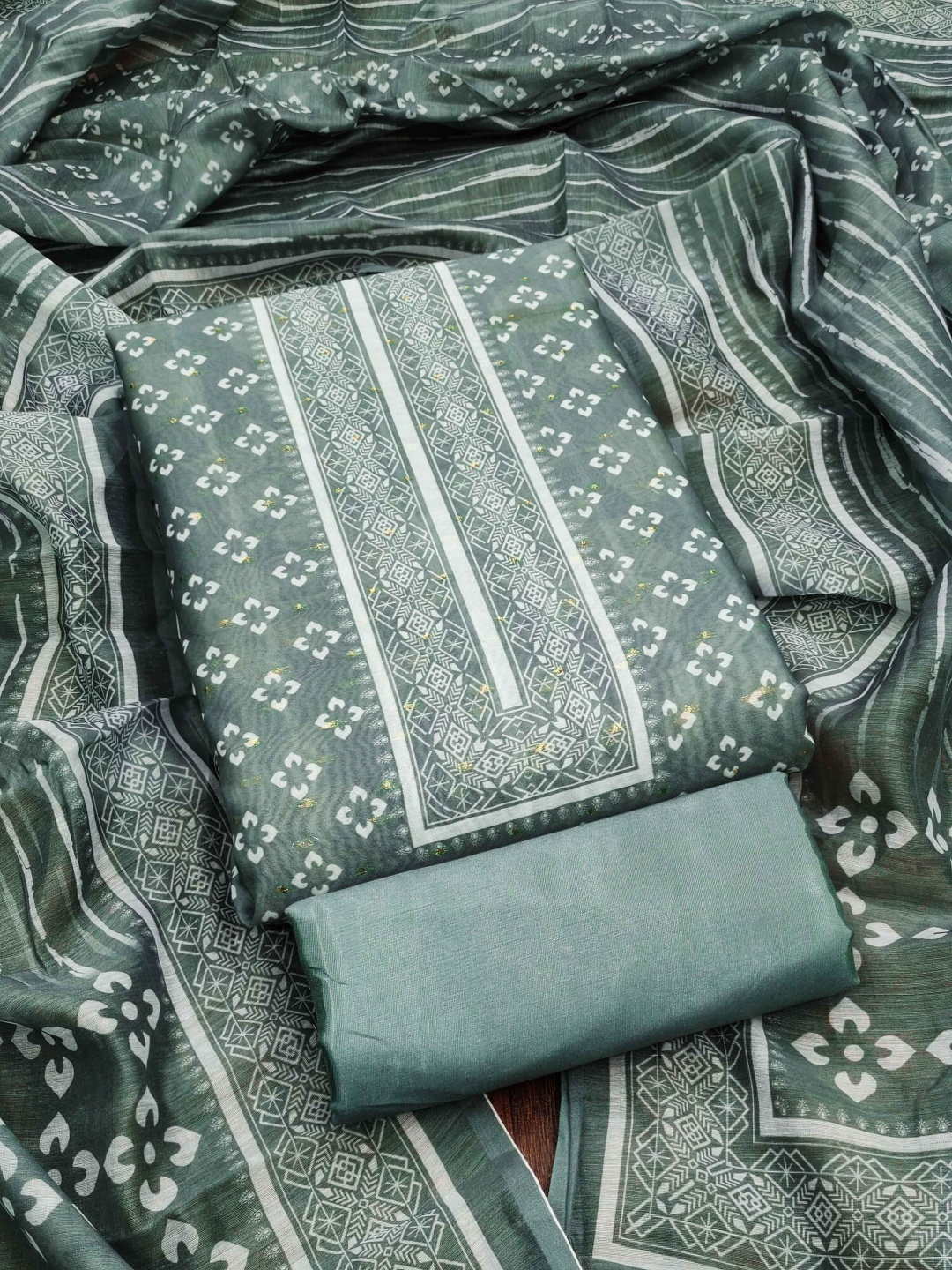 

RUDRAA FAB Floral Printed Pure Chanderi Unstitched Dress Material, Grey