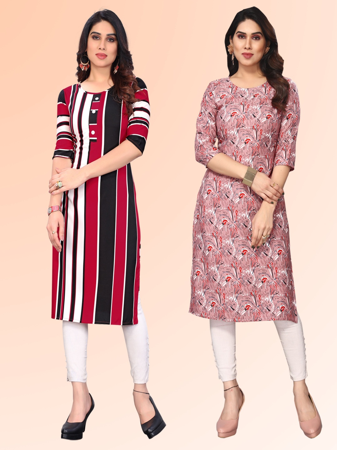 

KETAKI FASHION Selection of 2 Striped Round Neck Straight Kurtas, Red