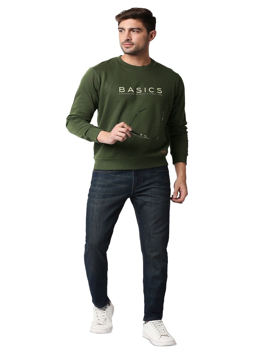 

Basics Men Typography Printed Cotton Pullover, Olive