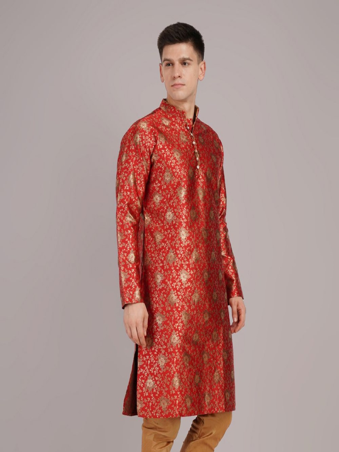 

Larwa Floral Woven Design Mandarin Collar Jacquard Straight Kurta, Red