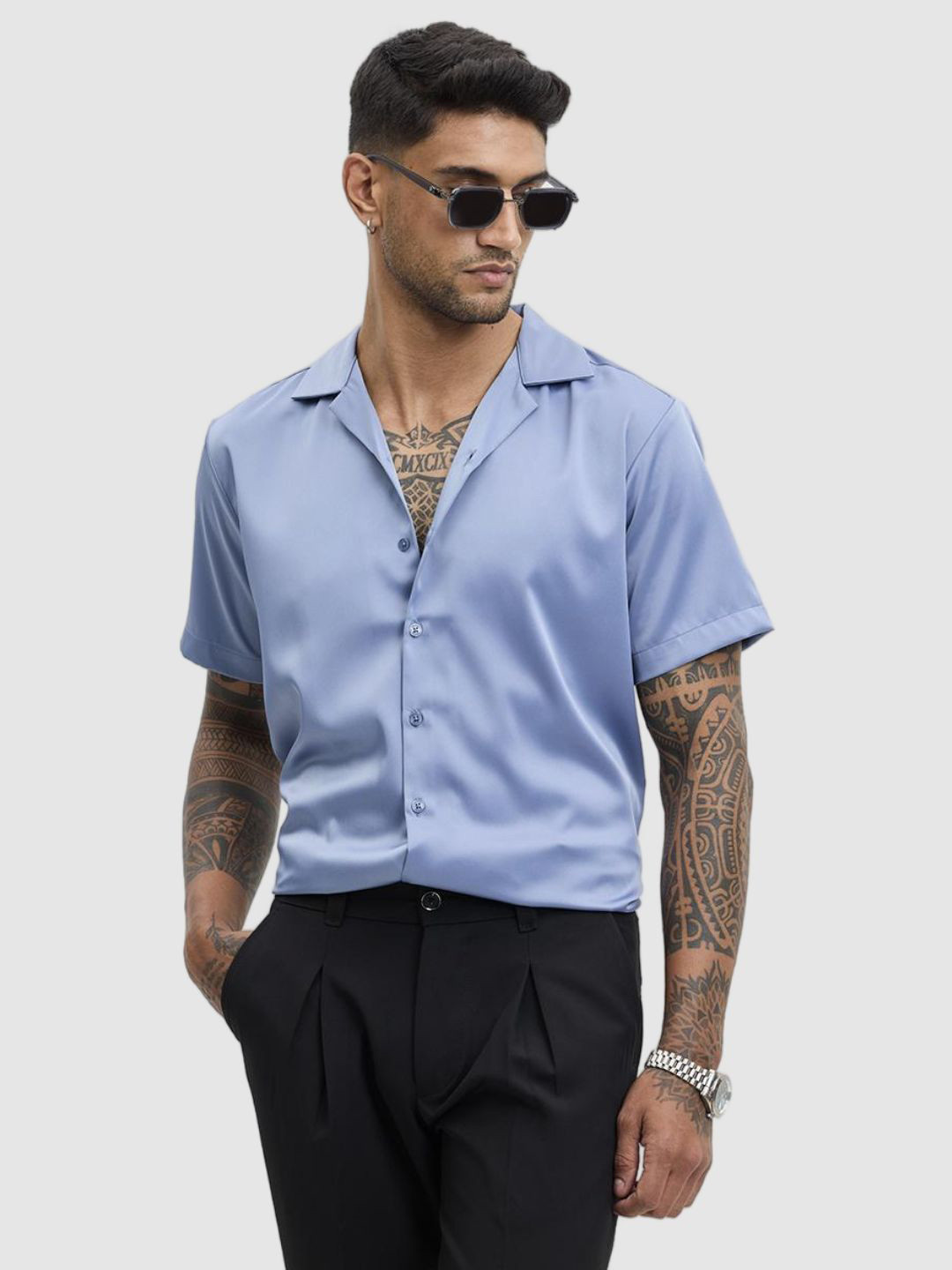 

Snitch Men Relaxed Fit Cuban Collar Solid Casual Shirt, Blue