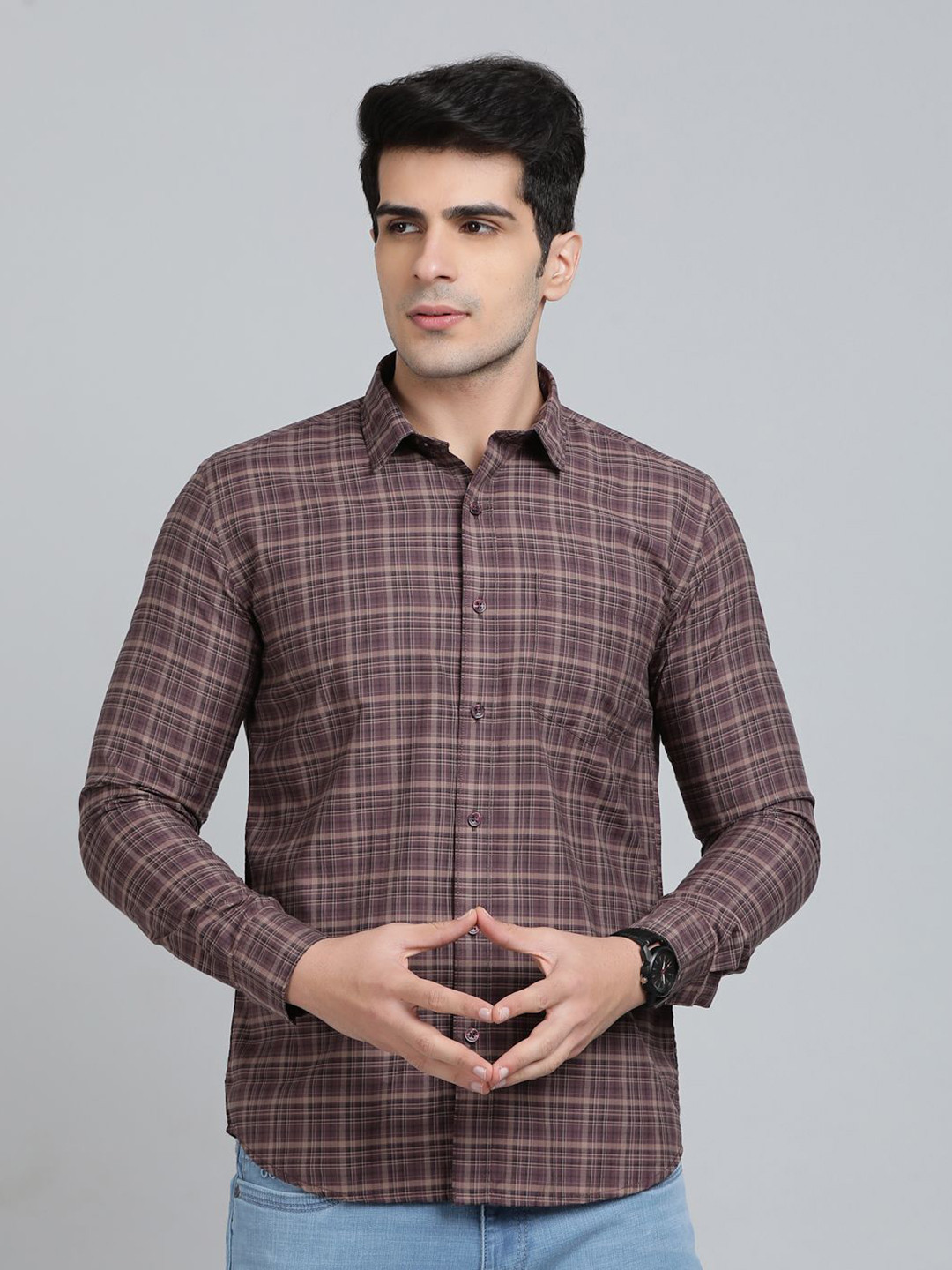 

Greenfibre Men Spread Collar Tartan Checked Cotton Casual Shirt, Brown