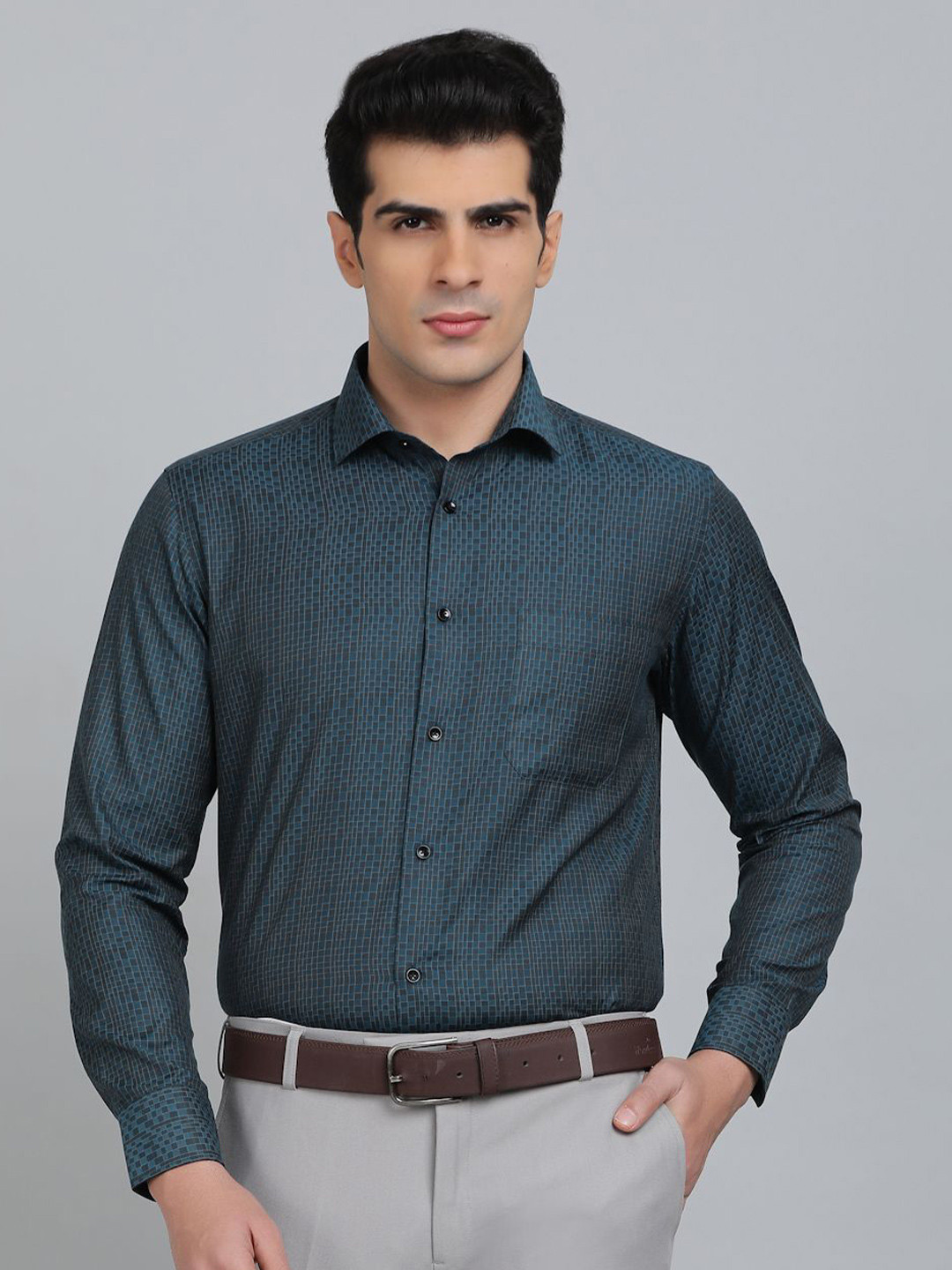 

Greenfibre Men Slim Fit Spread Collar Micro Checked Cotton Formal Shirt, Teal