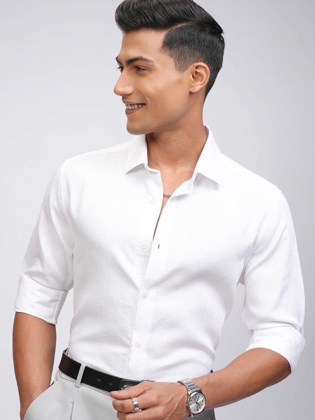 

LOCOMOTIVE Premium Men Jacquard Textured Occasion Shirt, White
