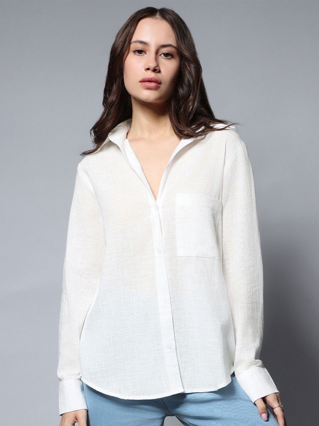 

NANCHI Women Classic Oversized Fit Spread Collar Textured Cotton Casual Shirt, White