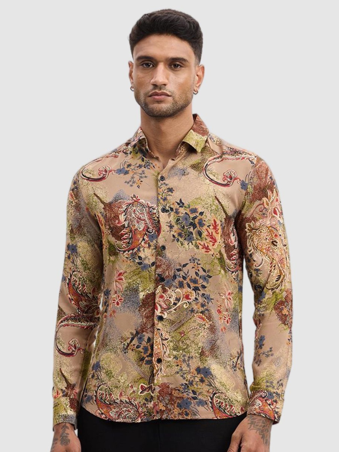 

Snitch Men Smart Fit Spread Collar Floral Printed Casual Shirt, Beige