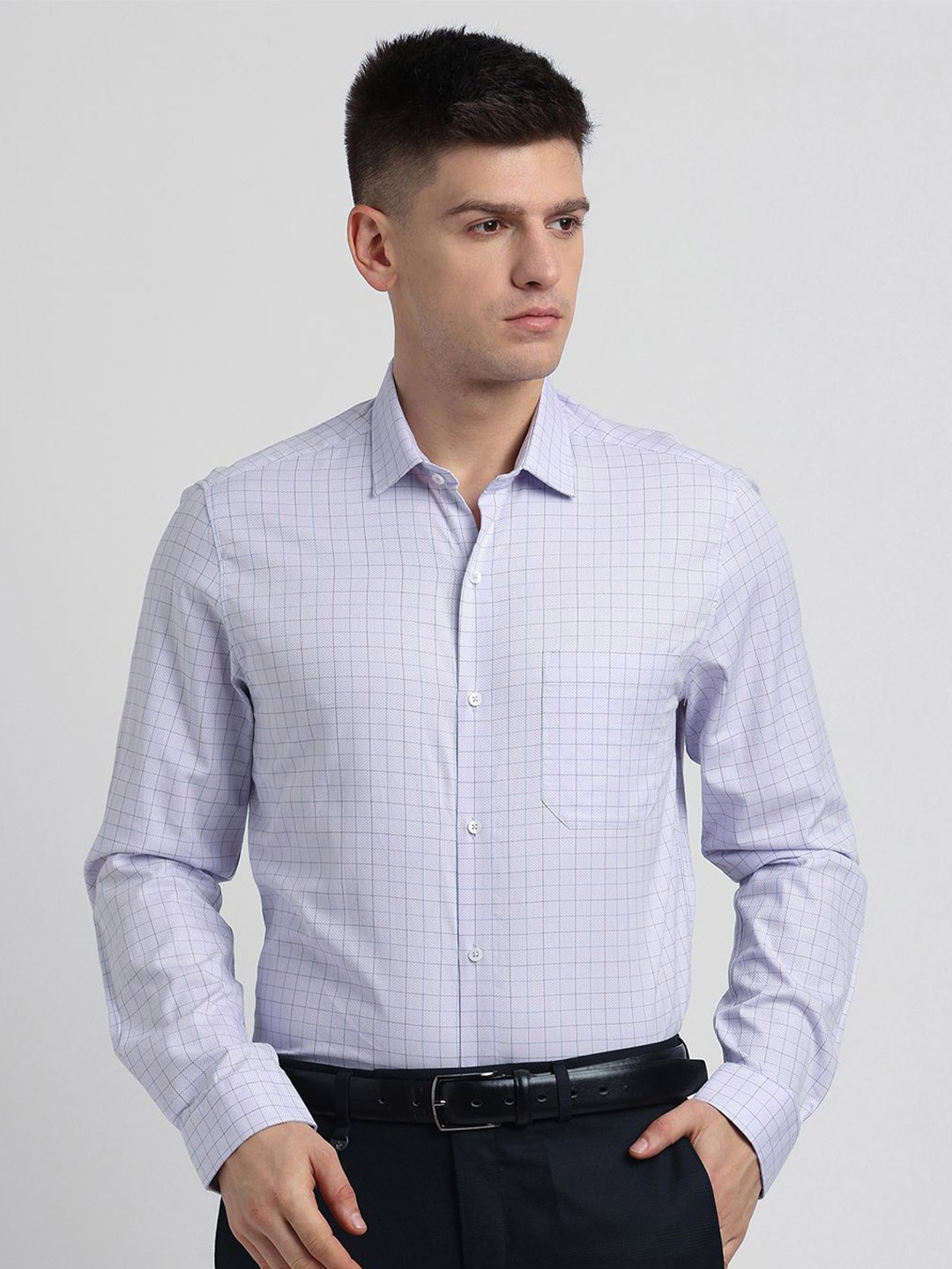 

Turtle Men Standard Slim Fit Spread Collar Grid Tattersall Checked Cotton Formal Shirt, Purple