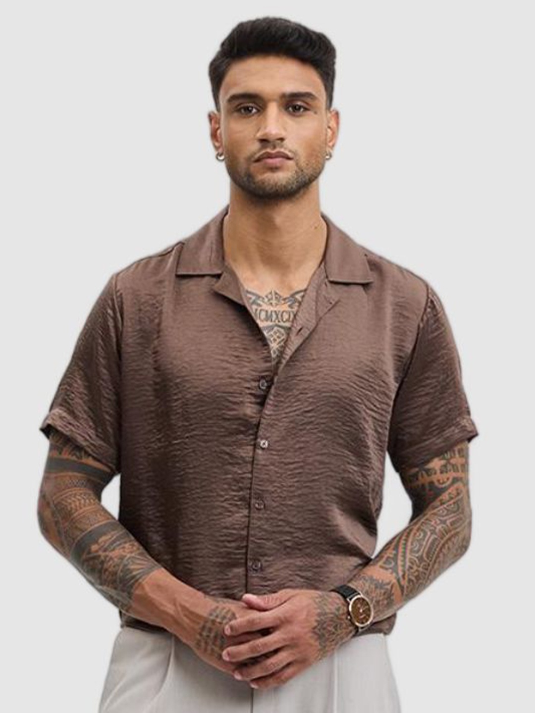 

Snitch Men Relaxed Fit Cuban Collar Textured Casual Shirt, Brown