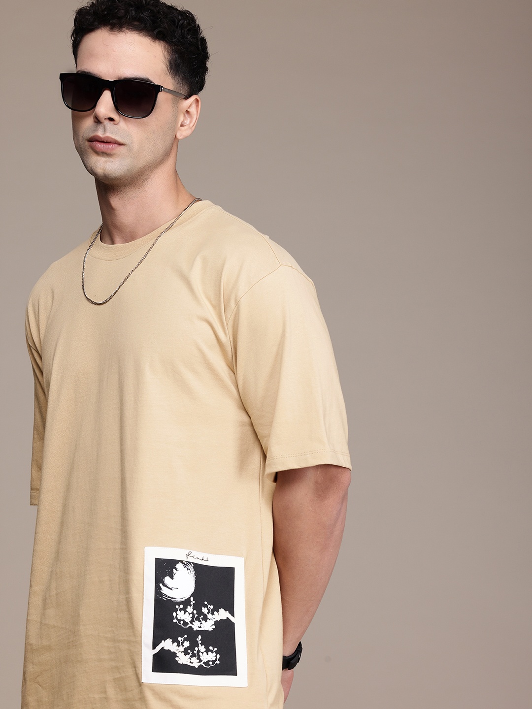 

FCUK Pure Cotton Drop-Shoulder Sleeves Applique Detailed T-shirt, Beige
