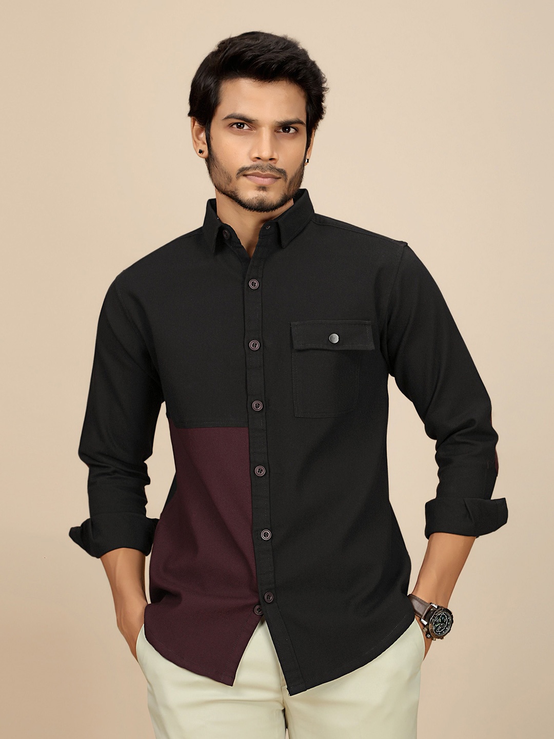 

JOSE N POSE Men Premium Tailored Fit Colourblocked Casual Shirt, Black