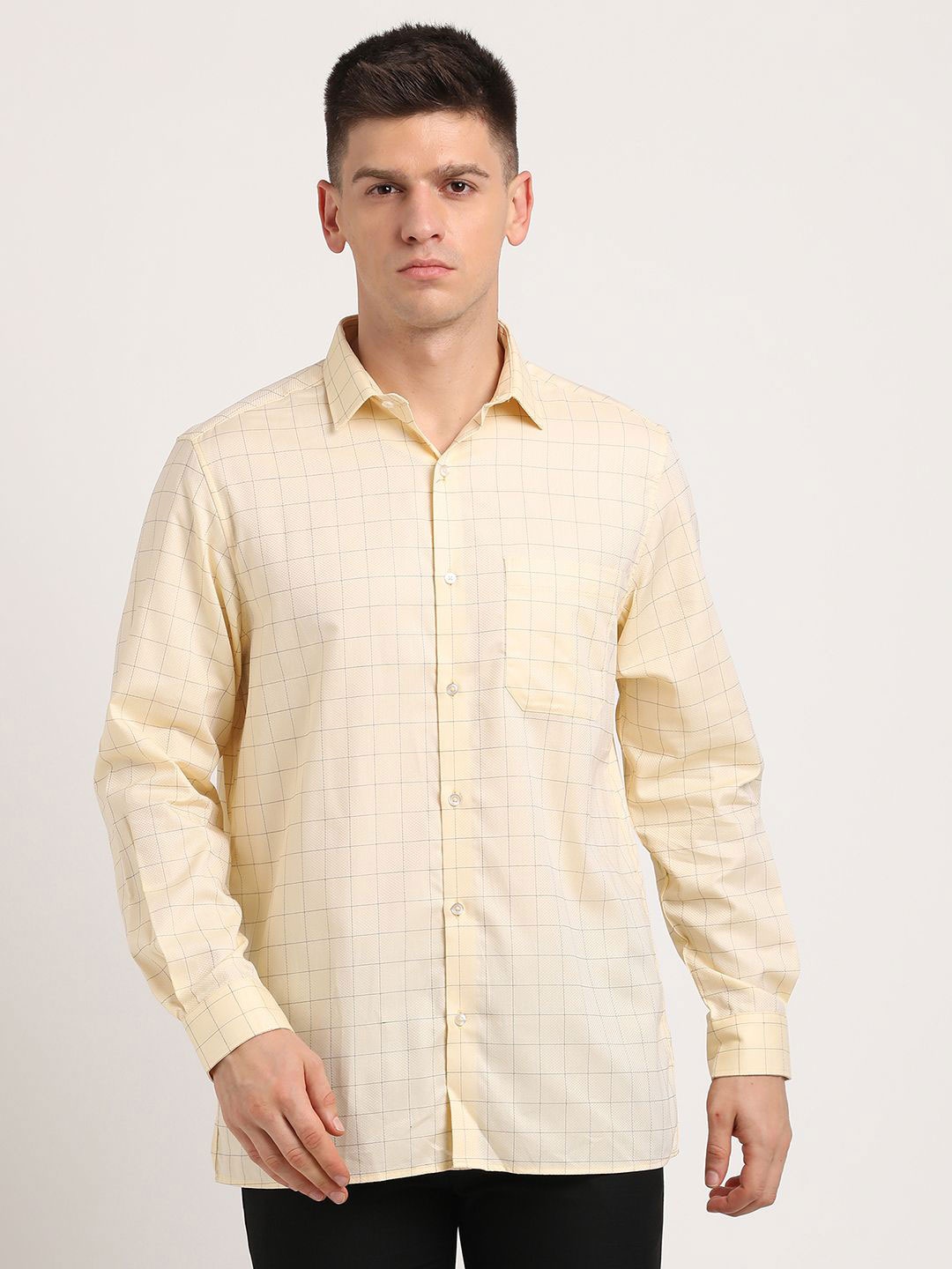 

Turtle Men Standard Fit Spread Collar Grid Tattersall Checked Cotton Formal Shirt, Yellow