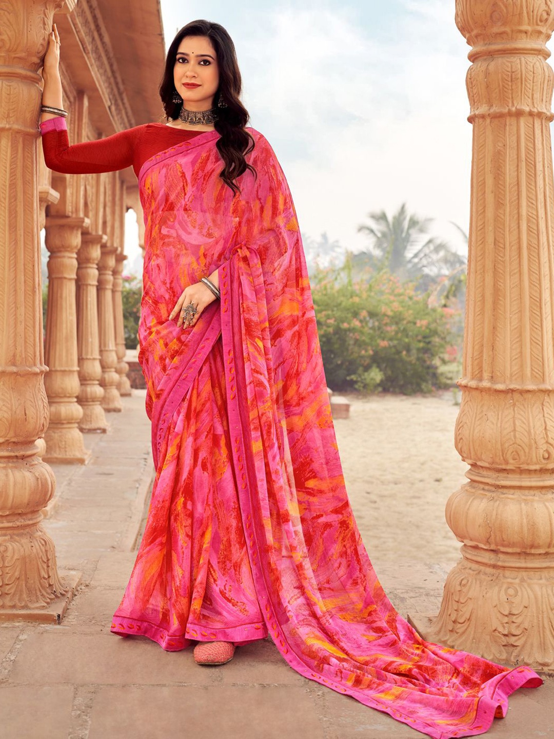 

Mitera Poly Chiffon Saree With Unstitched Blouse Piece, Pink