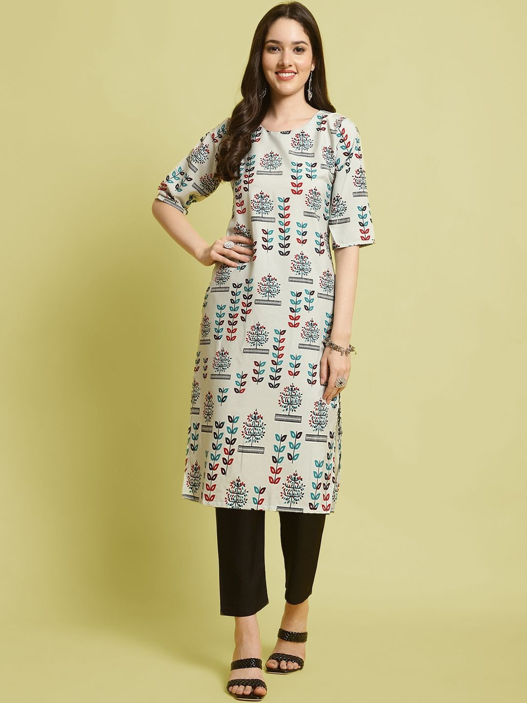 

7Threads Selection Of 2 Floral Printed Straight Kurta With Trousers, Black