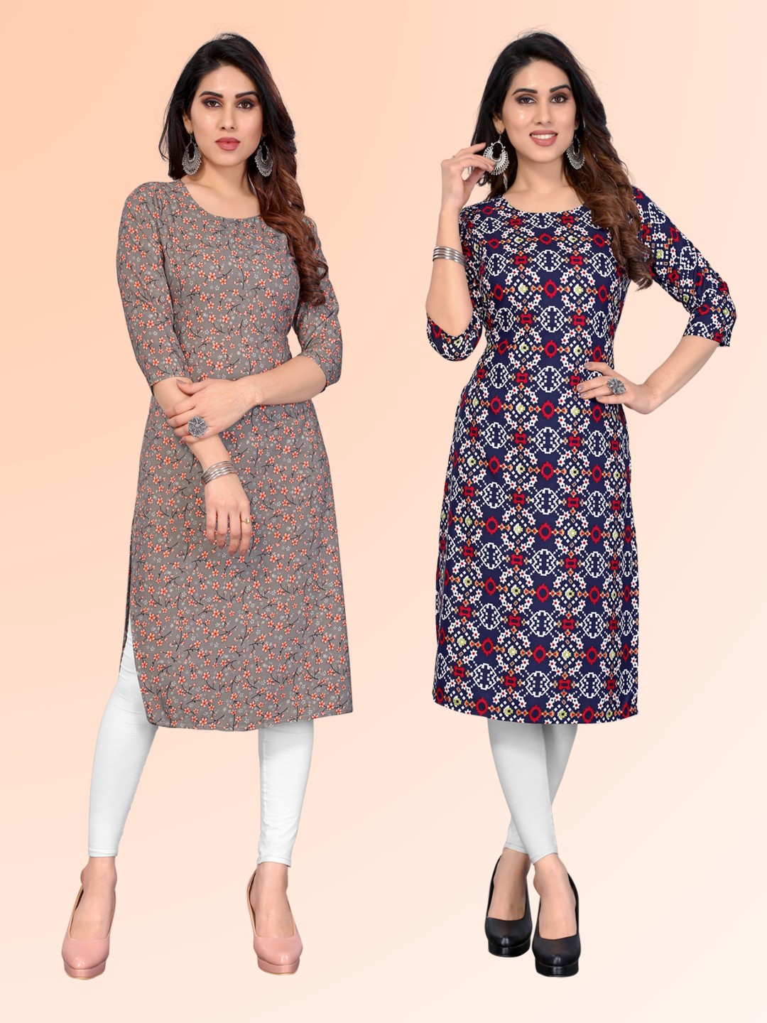 

KETAKI FASHION Selection Of 2 Floral Printed Round Neck Straight Kurtas, Grey