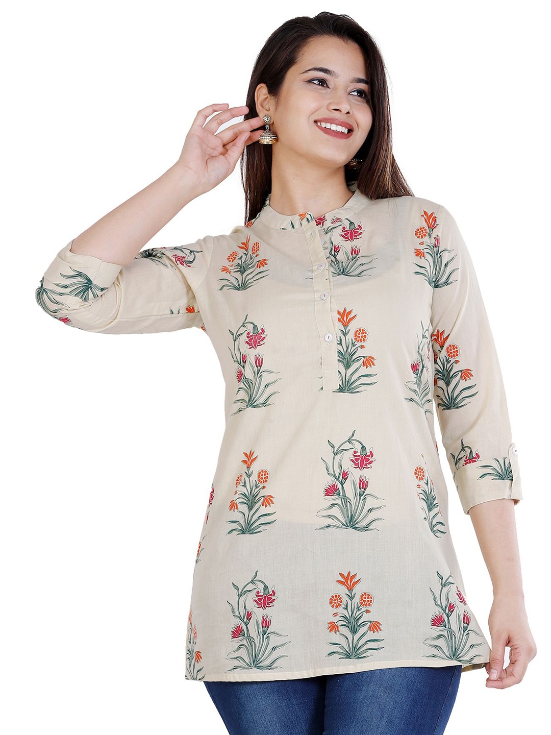 

NNAVDHA Women Floral Printed Mandarin Collar Cotton Top, Beige