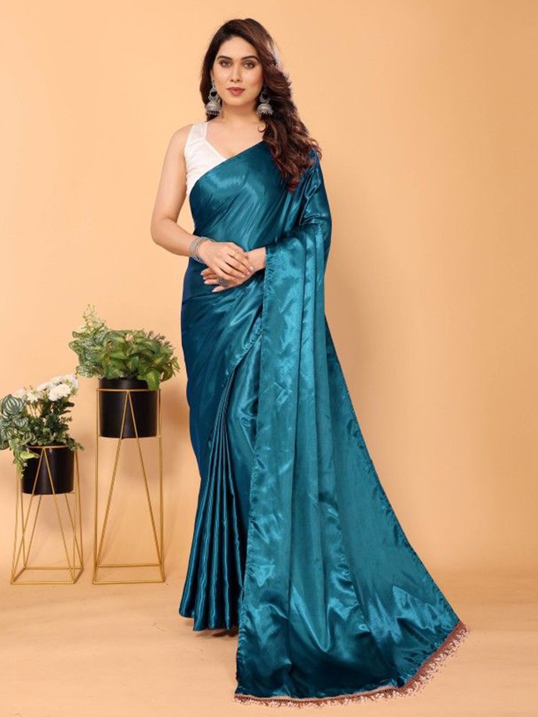 

JULEE Satin Saree with Blouse Piece, Teal