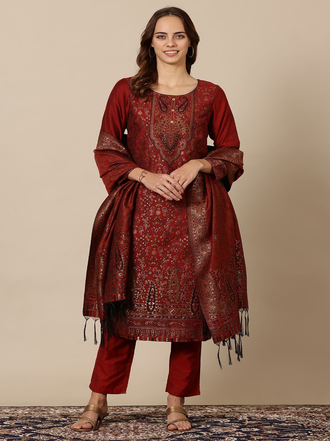 

AURELIA Floral Woven Design Straight Kurta With Palazzo And Dupatta, Maroon