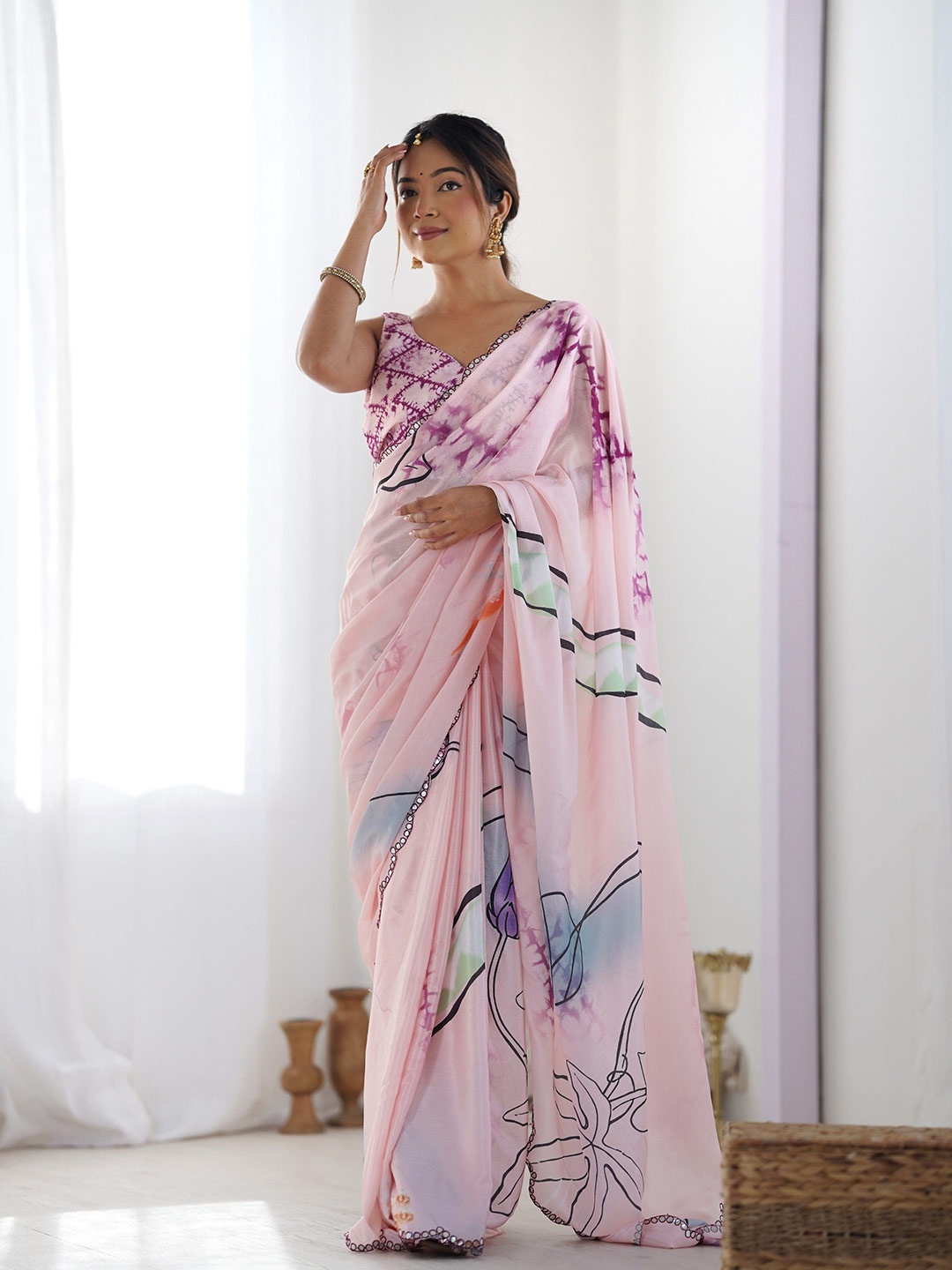

Kalista Floral Mirror Work Pure Chiffon Saree, Pink