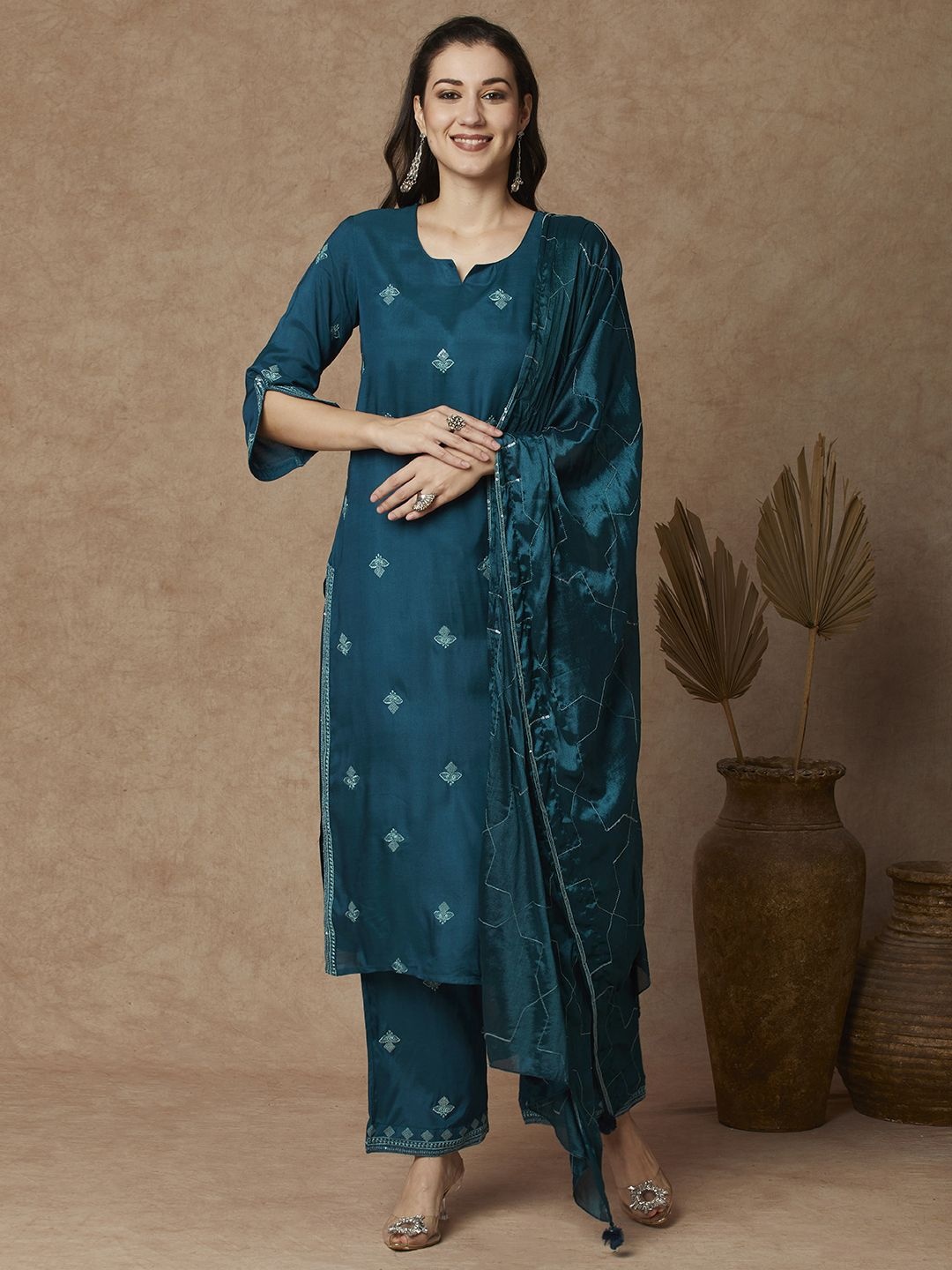 

FASHOR Floral Embroidered Notch Neck Pure Cotton Straight Kurta With Trousers & Dupatta, Teal