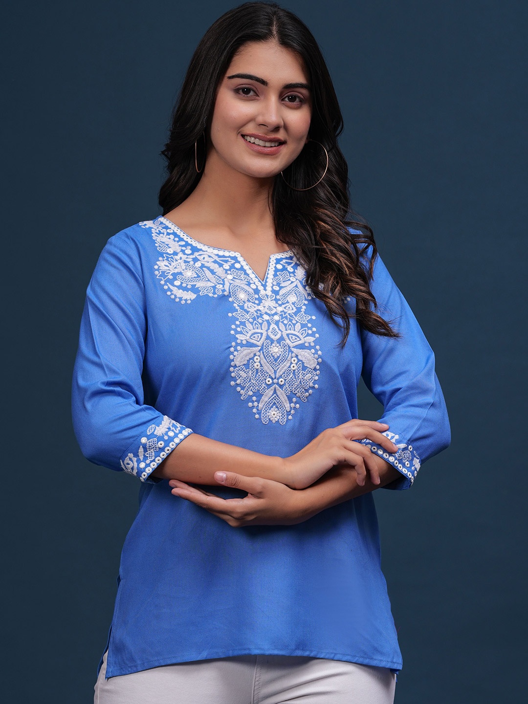 

PINGAKSH Women Embroidered Peplum Top, Blue