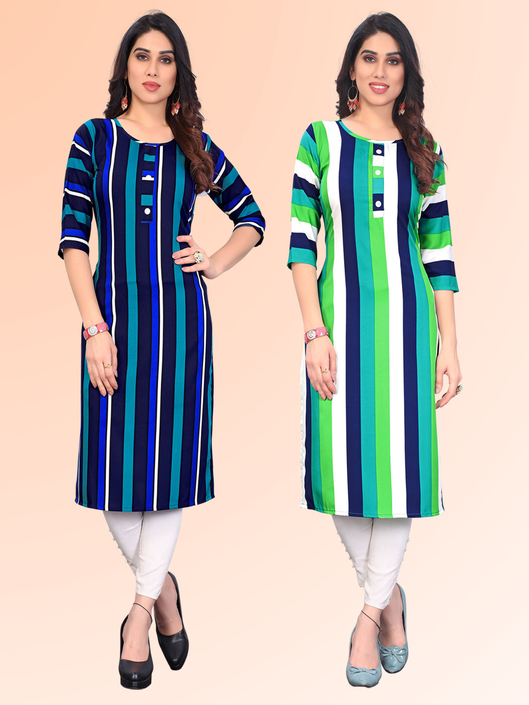 

KETAKI FASHION Selection Of 2 Striped Printed Round Neck Straight Kurtas, Blue