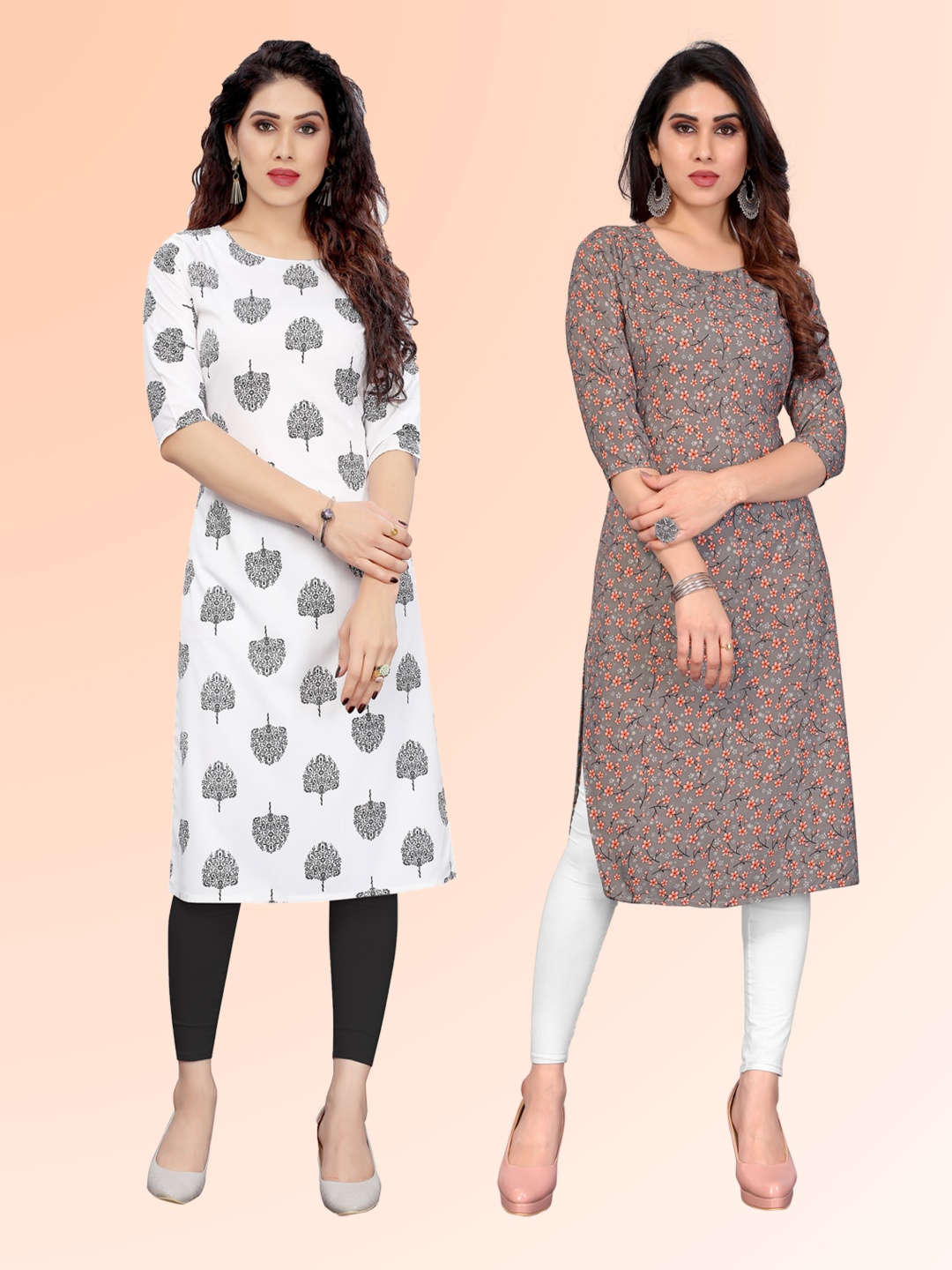 

KETAKI FASHION Selection Of 2 Floral Printed Round Neck Straight Kurtas, White