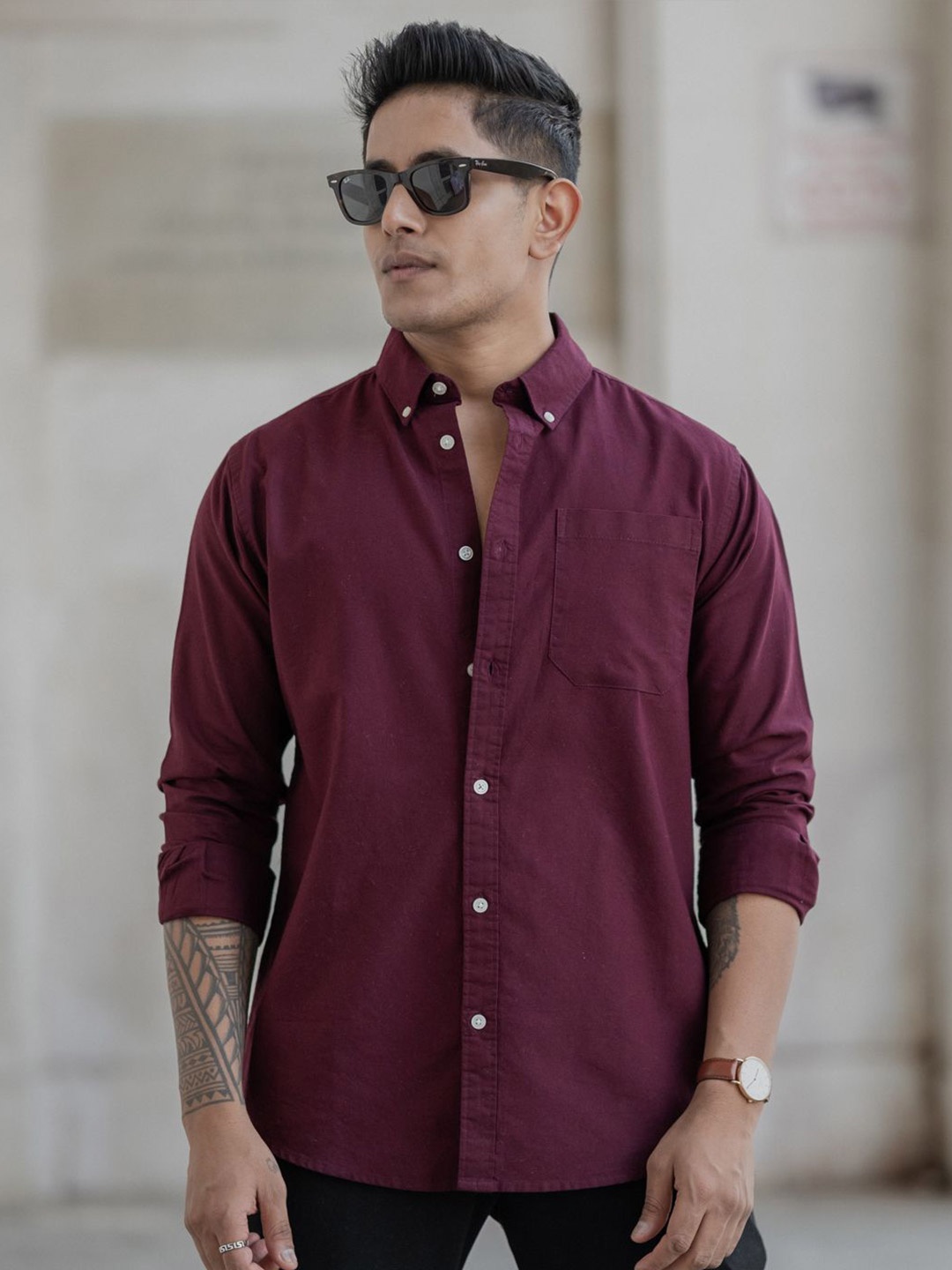 

Powerlook Men Button-Down Collar Solid Cotton Casual Shirt, Maroon