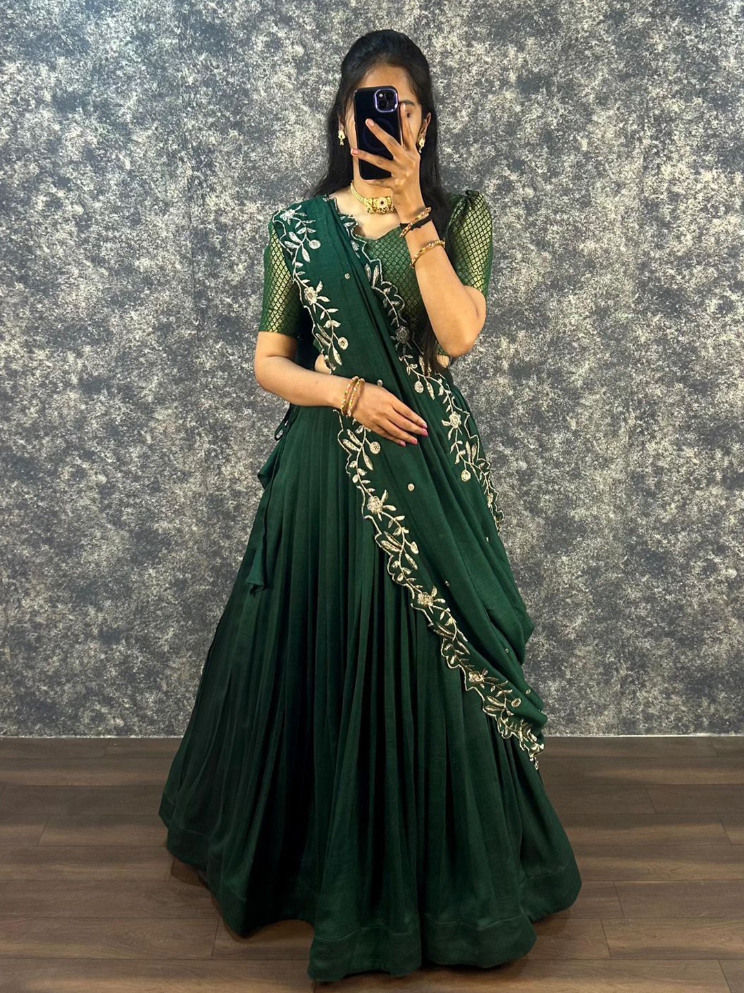 

Rujave Embroidered Sequinned Silk Georgette Ready to Wear Lehenga & Blouse With Dupatta, Green