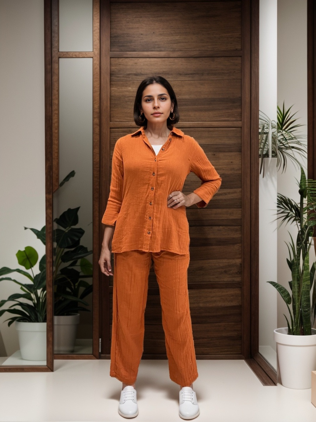 

ELEVEN.O.ONE Three-Quarter Sleeves Shirt With Trousers Co-Ords, Rust