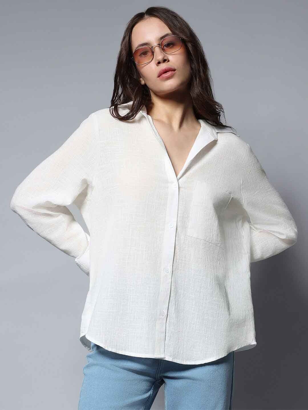 

NANCHI Women Classic Relaxed Fit Spread Collar Solid Cotton Casual Shirt, White
