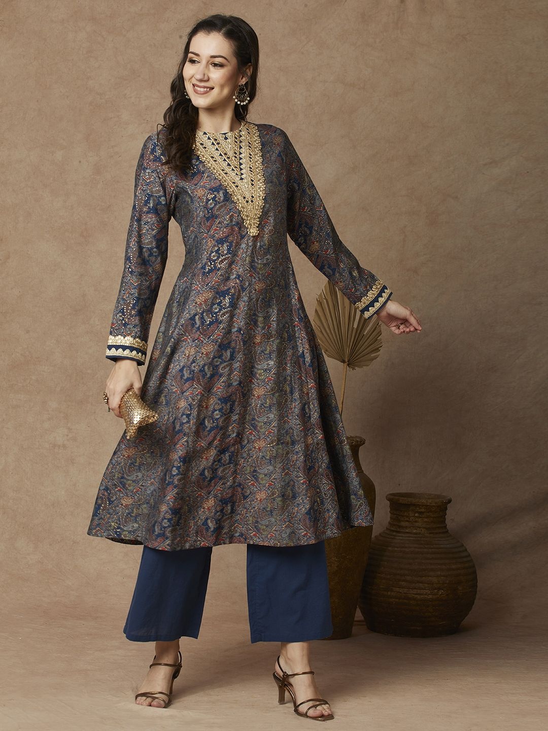 

FASHOR Ethnic Motifs Printed Gotta Patti Round Neck A-Line Kurta, Blue