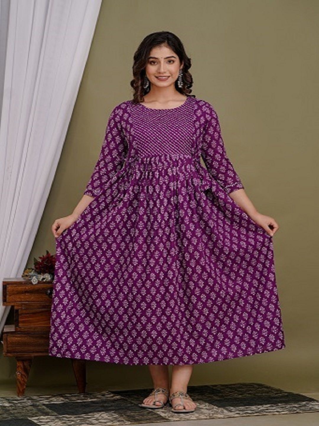 

Nevisha Style Ethnic Motifs Printed Round Neck Gotta Patti Maternity Cotton Anarkali Kurta, Purple