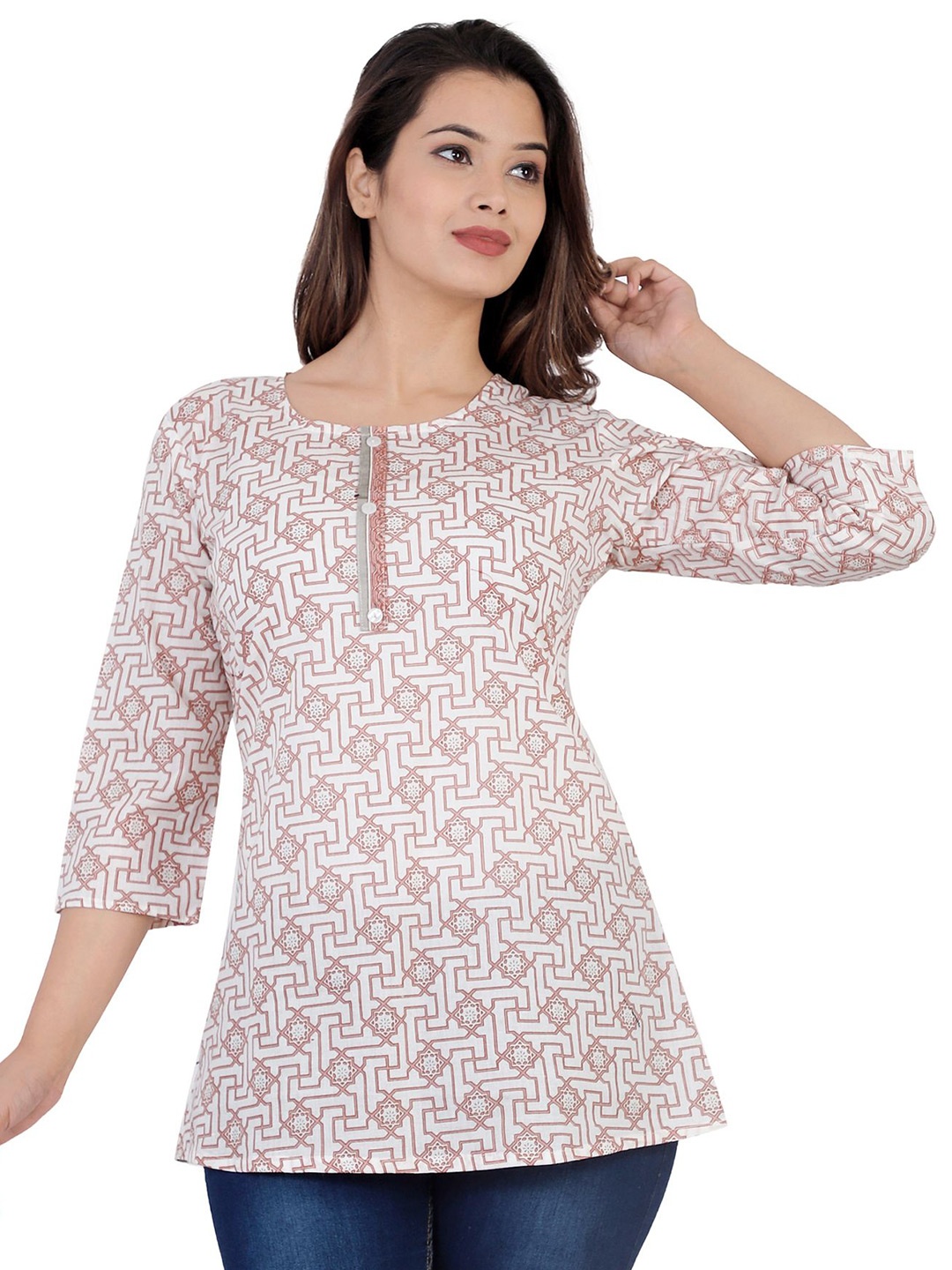 

NNAVDHA Geometric Printed Cotton Top, White