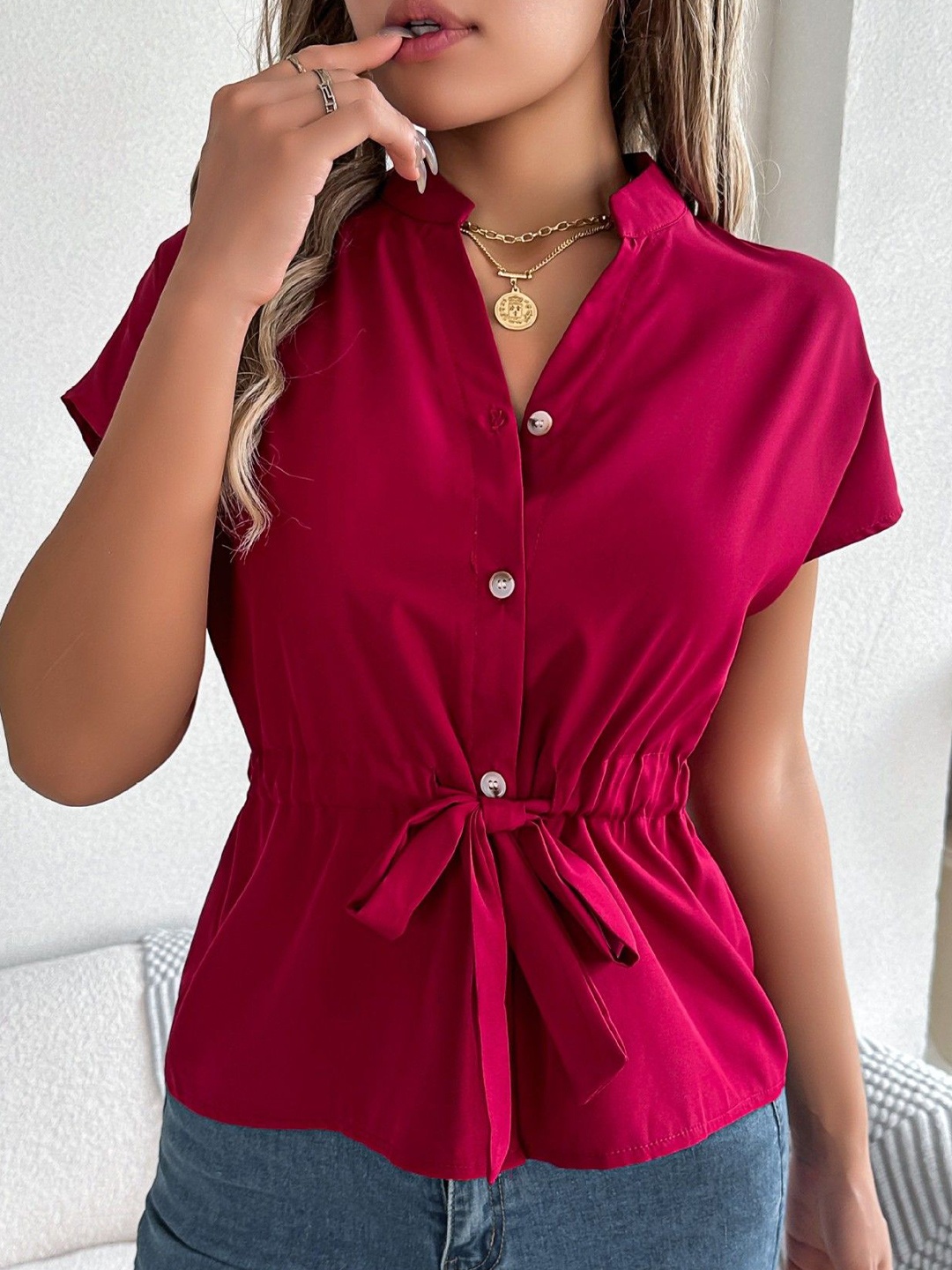 

StyleCast x Revolte Women Mandarin Collar Peplum Top, Maroon