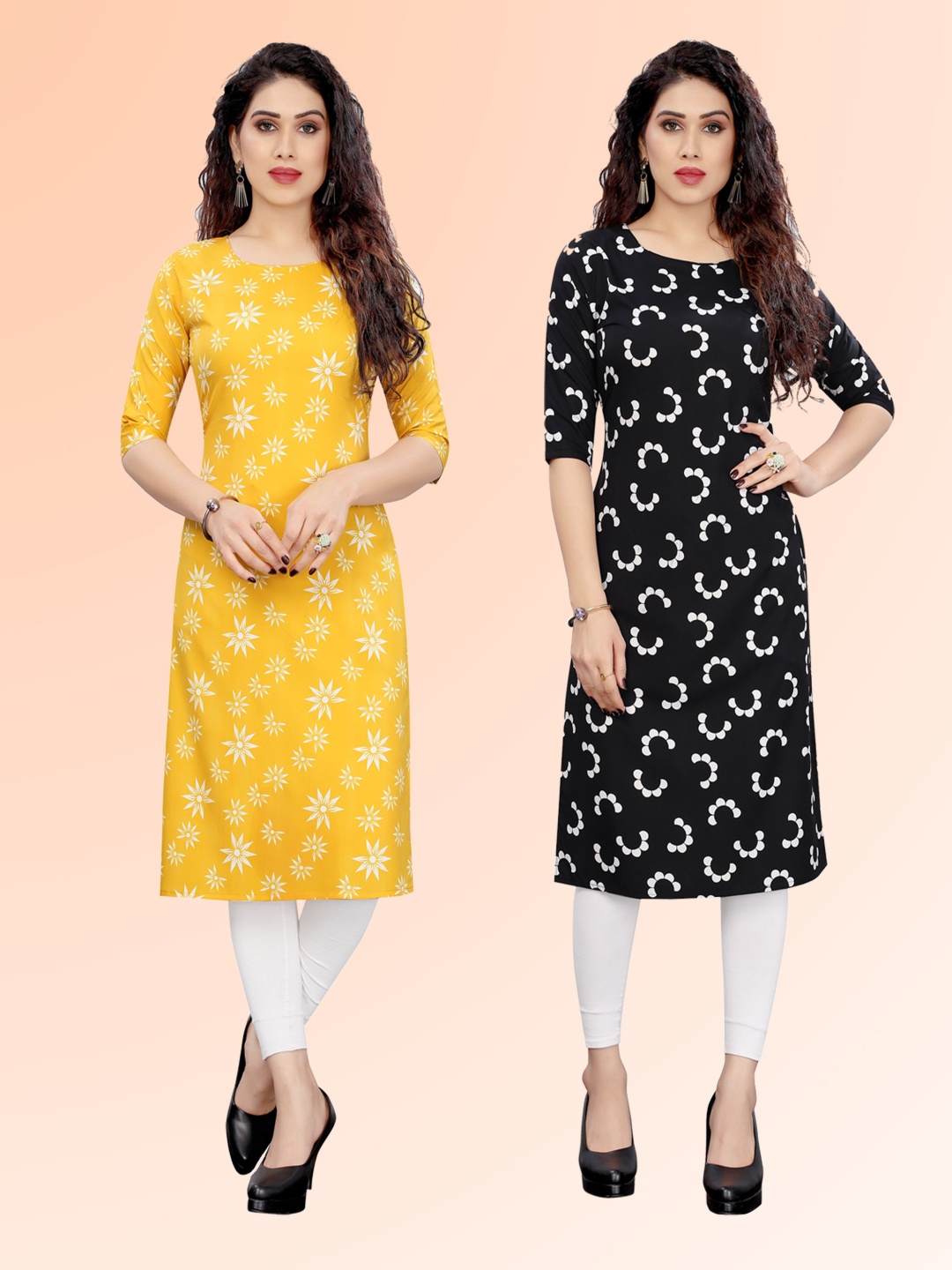 

KETAKI FASHION Selection Of 2 Floral Printed Round Neck Straight Kurtas, Yellow