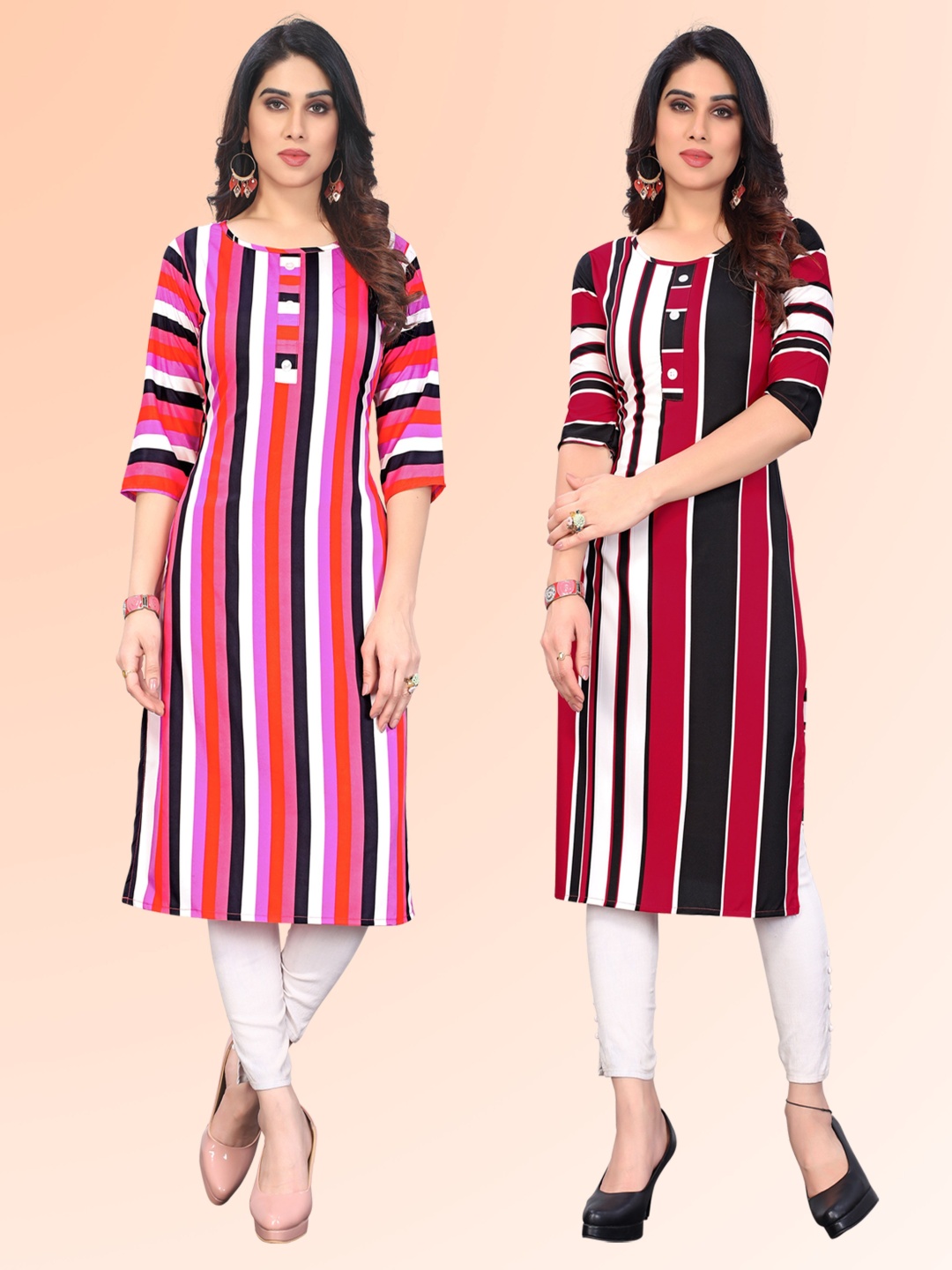 

KETAKI FASHION Selection Of 2 Striped Printed Round Neck Kurtas, Pink